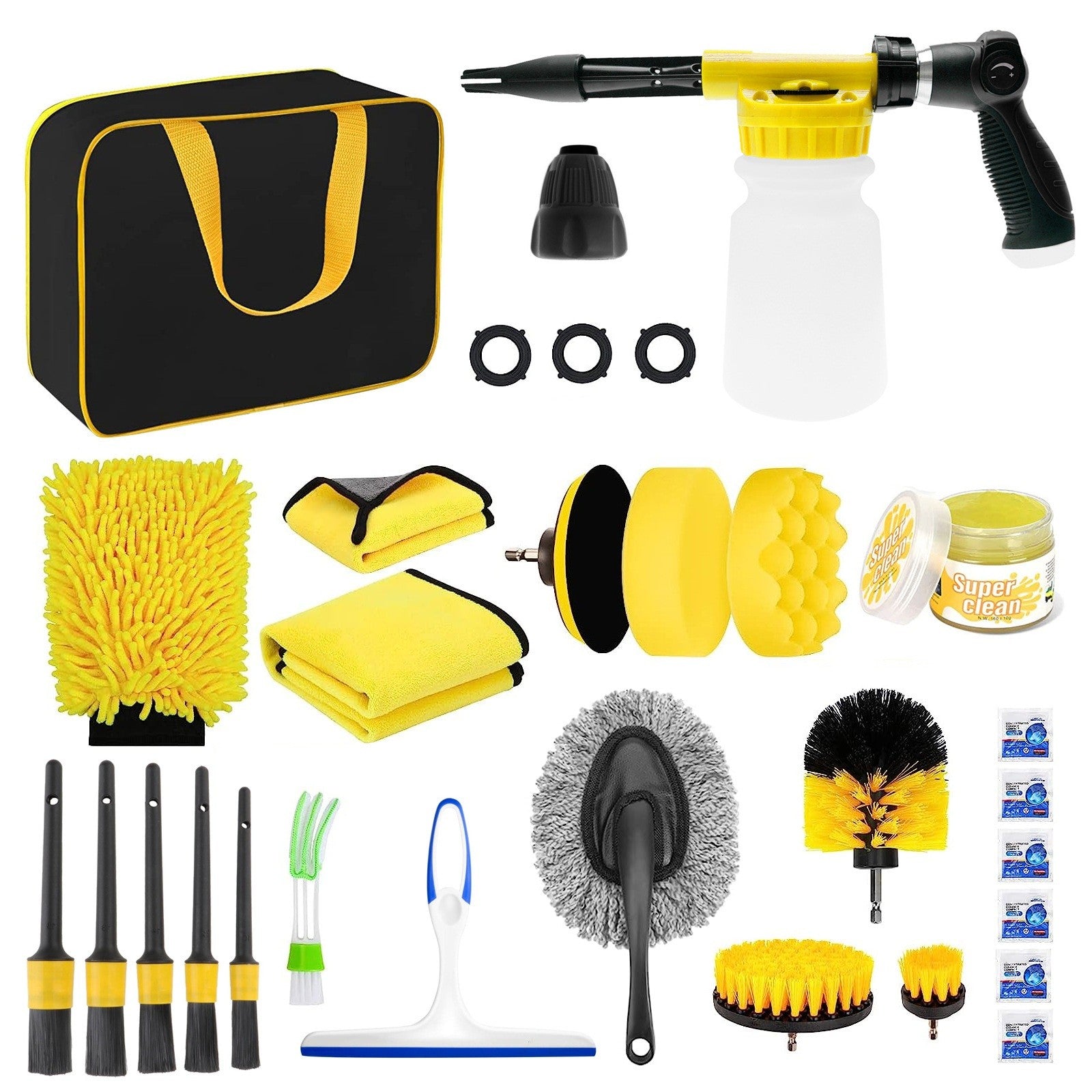 Set 26 Accesorii pentru Curatare Auto, Kadeny, din PP si Microfibra, Interior/Exterior, 30.5 x 27.5 x 16 cm, Galben/Negru