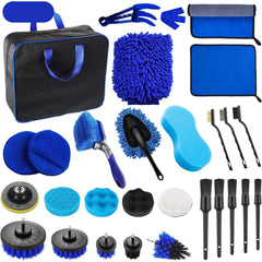Set 29 Accesorii pentru Curatare Auto, Kadeny, din PP si Microfibra, Interior/Exterior, 30 x 24 x 12 cm, Albastru/Negru