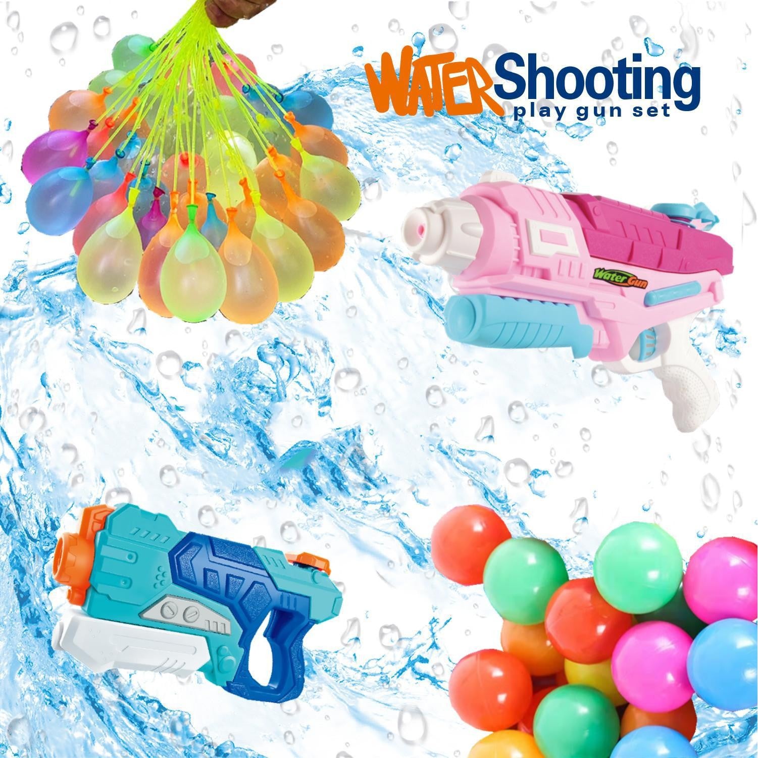 Set 2x Pistol cu Apa pentru Copii, Kaveny, 6ani+, cu baloane de apa, Albastru + Roz, 1x 600 ML +  1x 550 ML