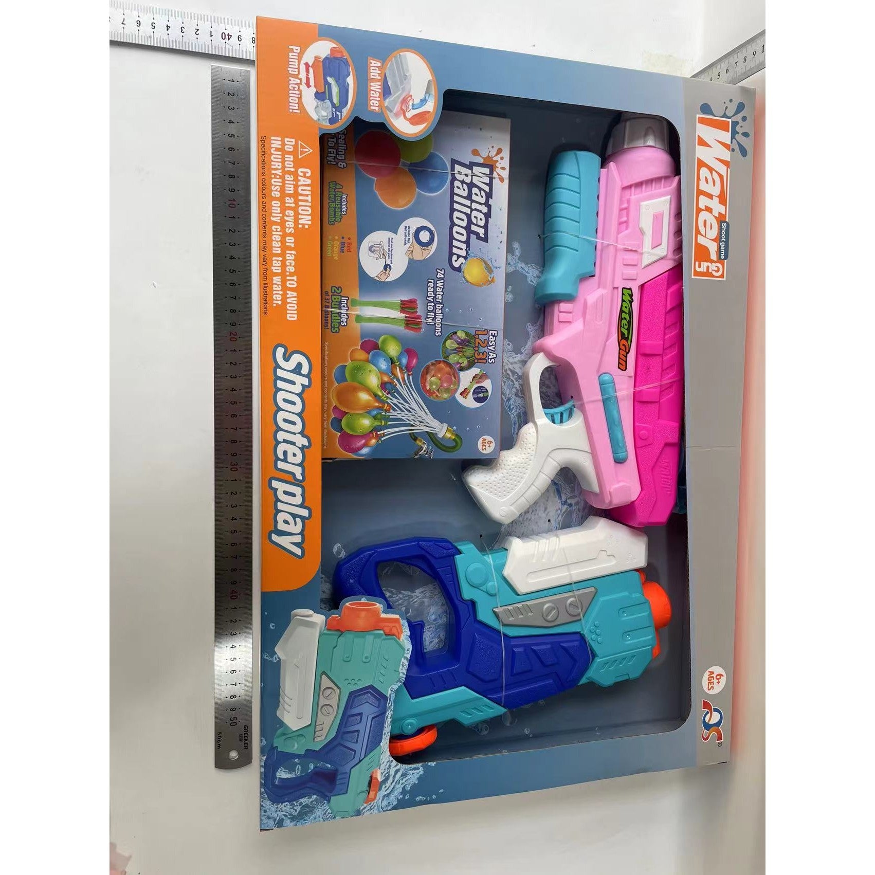 Set 2x Pistol cu Apa pentru Copii, Kaveny, 6ani+, cu baloane de apa, Albastru + Roz, 1x 600 ML +  1x 550 ML