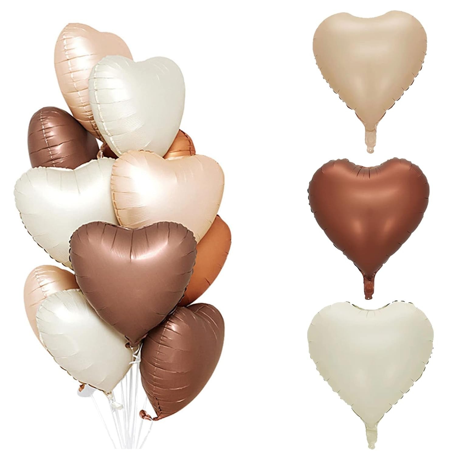 Set 3 Baloane din Folie Metalizata, Kaveny, Figurine Inimi, Tema Ziua Indragostitilor, 45 cm, Ambalaj Individual, Pai Inclus, Umflare cu Aer sau Heliu, Crem/Maro