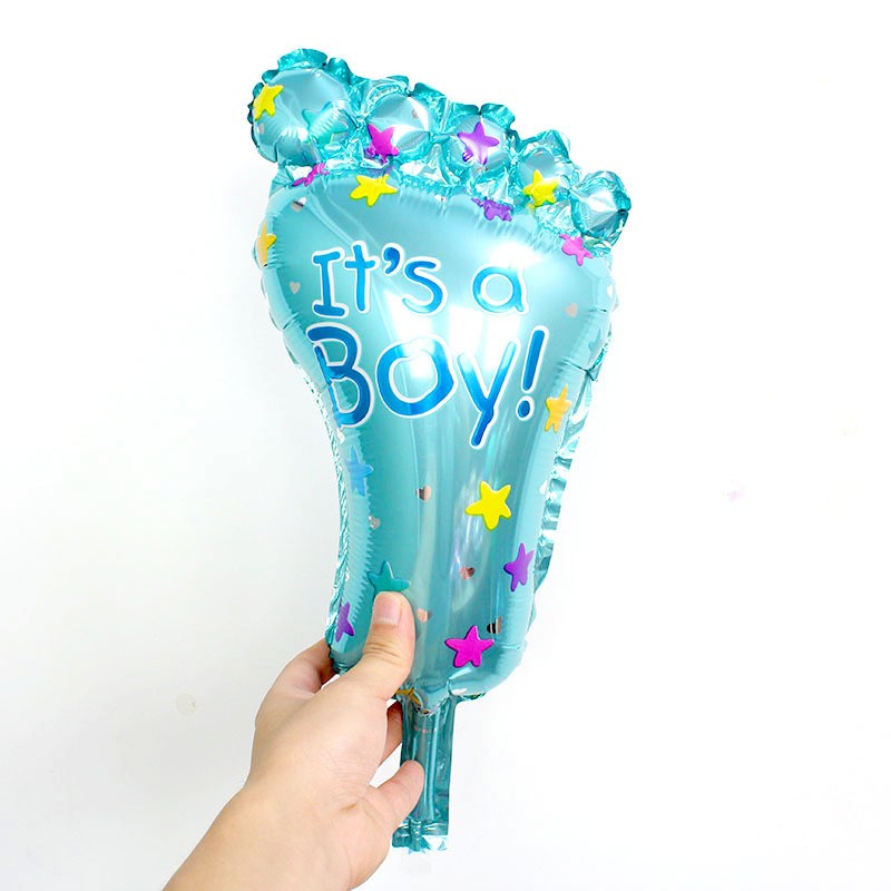 Set 3 Baloane din Folie Metalizata, Kaveny, Figurine Picior 46x79 cm, Inima 45cm, Stea 45cm, Model It's a Boy, Tema Gender Reveal, Ambalaj Individual, Pai Inclus, Umflare cu Aer sau Heliu, Albastru