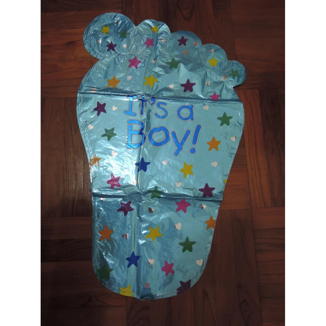 Set 3 Baloane din Folie Metalizata, Kaveny, Figurine Picior 46x79 cm, Inima 45cm, Stea 45cm, Model It's a Boy, Tema Gender Reveal, Ambalaj Individual, Pai Inclus, Umflare cu Aer sau Heliu, Albastru