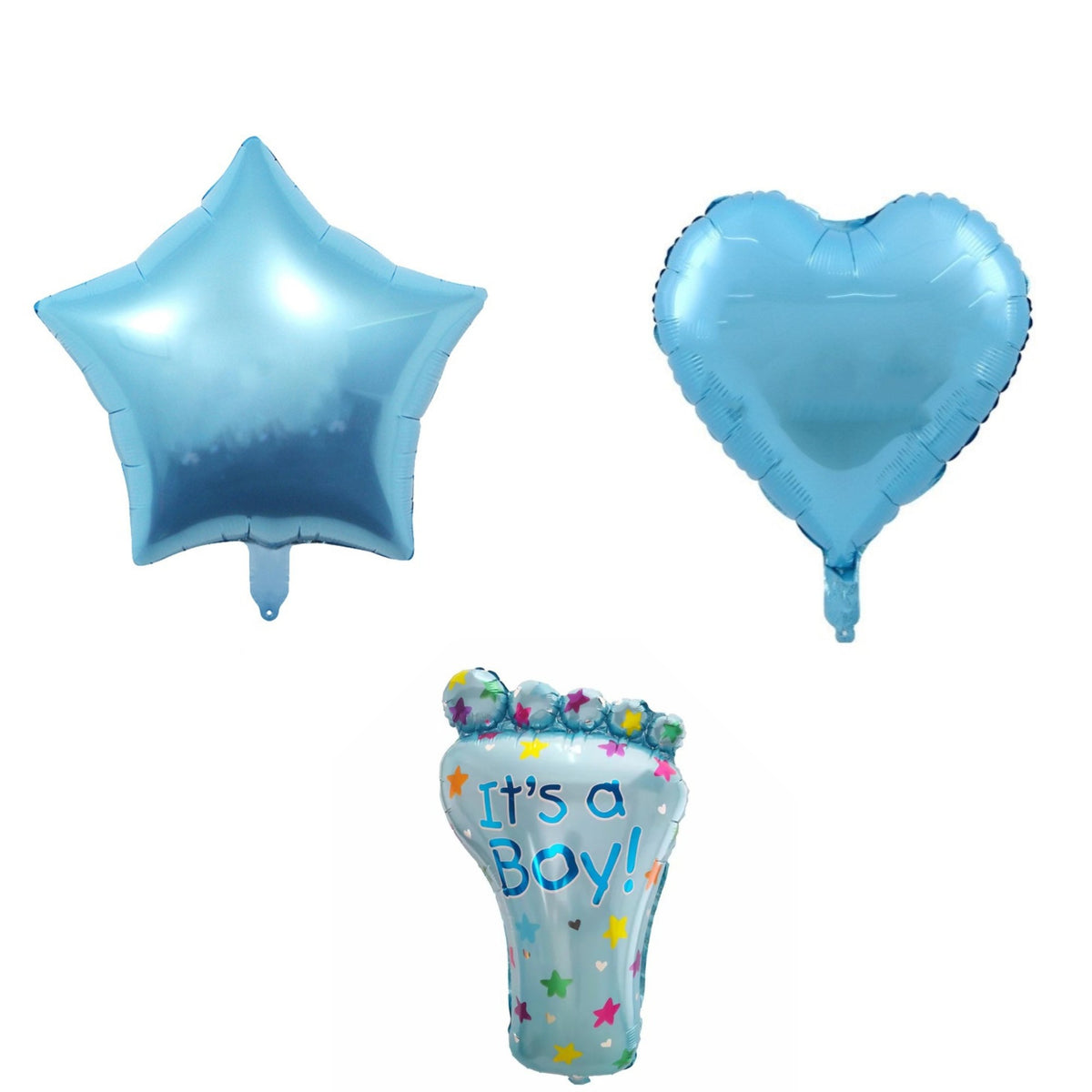 Set 3 Baloane din Folie Metalizata, Kaveny, Figurine Picior 46x79 cm, Inima 45cm, Stea 45cm, Model It's a Boy, Tema Gender Reveal, Ambalaj Individual, Pai Inclus, Umflare cu Aer sau Heliu, Albastru