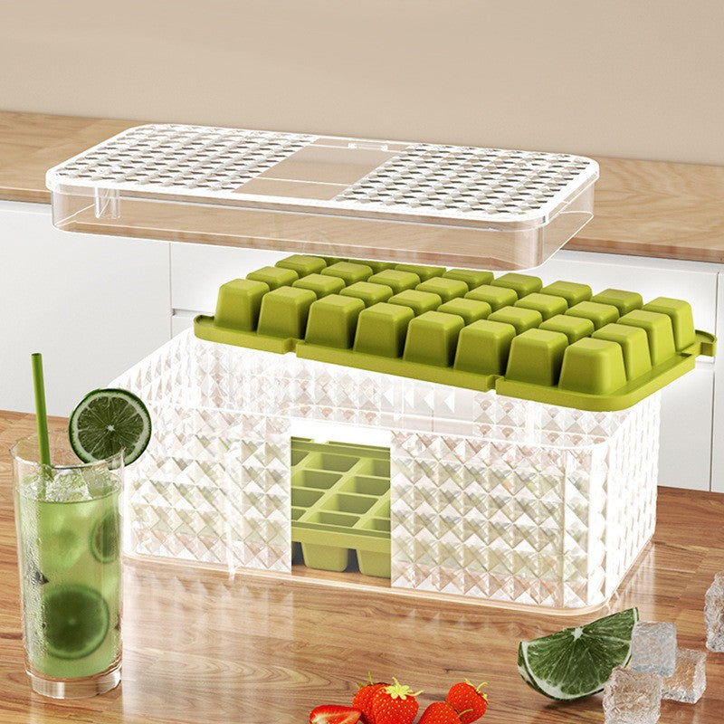 Set 3 forme pentru gheata si o caserola pentru depozitare Kaveny, 96 de cuburi, verde
