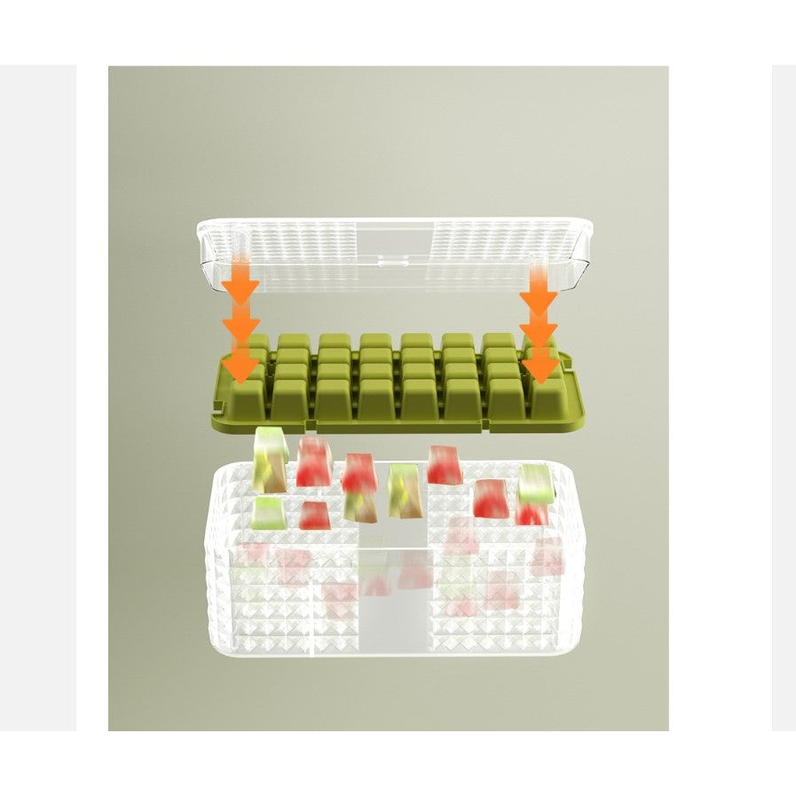 Set 3 forme pentru gheata si o caserola pentru depozitare Kaveny, 96 de cuburi, verde