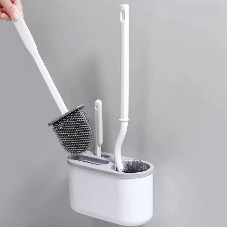 Set 3 Perii pentru Toaleta, Kadeny, din Silicon, Perie Zimtata, Cap Flexibil, Suport Adeziv pentru Montarea pe Perete, 39 x 19 x 9.8 cm, Gri/Alb