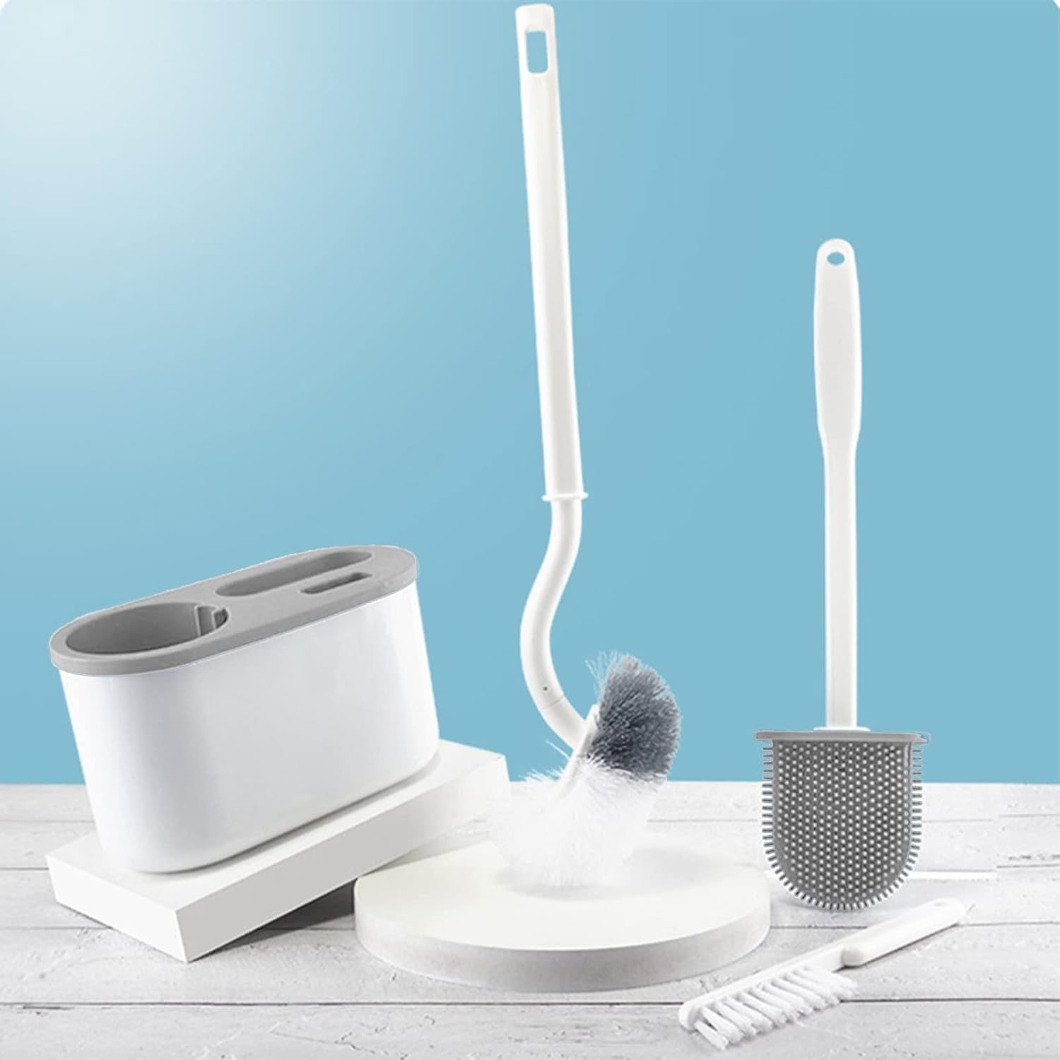 Set 3 Perii pentru Toaleta, Kadeny, din Silicon, Perie Zimtata, Cap Flexibil, Suport Adeziv pentru Montarea pe Perete, 39 x 19 x 9.8 cm, Gri/Alb