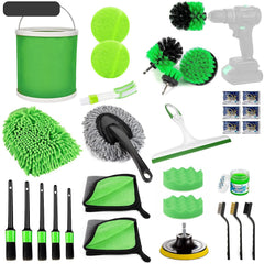Set 30 Accesorii pentru Curatare Auto, Kadeny, din PP si Microfibra, Interior/Exterior, 30 x 24 x 12 cm, Verde