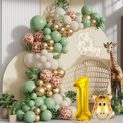 Set 30 Baloane Folie si Latex, Kaveny, Tematica Prima Aniversare, Baloane Latex 30cm, 25cm, Figurina Girafa 32x34 cm, Frunza Palmier 15 cm, Cifra 1 76 cm, Multicolor
