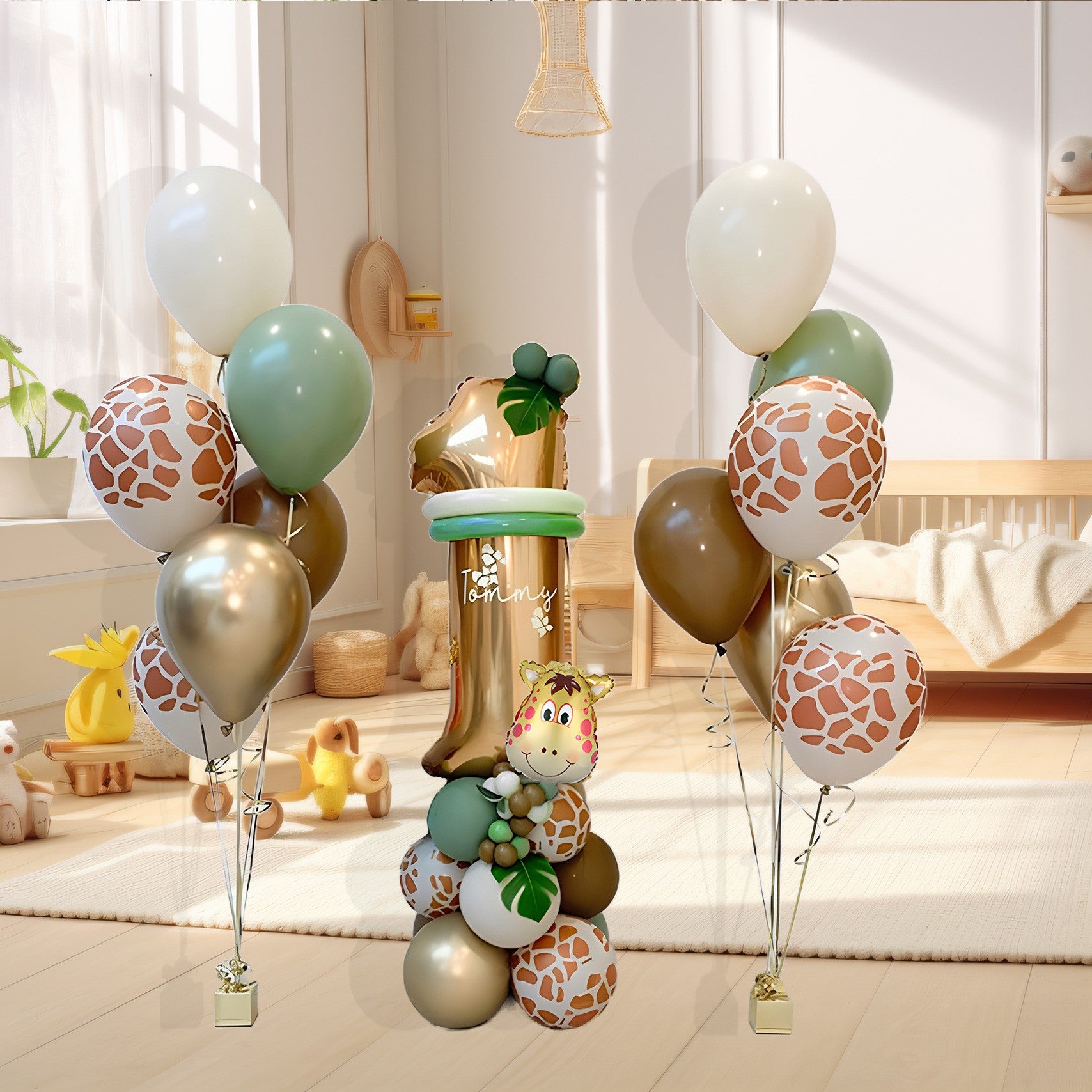 Set 30 Baloane Folie si Latex, Kaveny, Tematica Prima Aniversare, Baloane Latex 30cm, 25cm, Figurina Girafa 32x34 cm, Frunza Palmier 15 cm, Cifra 1 76 cm, Multicolor