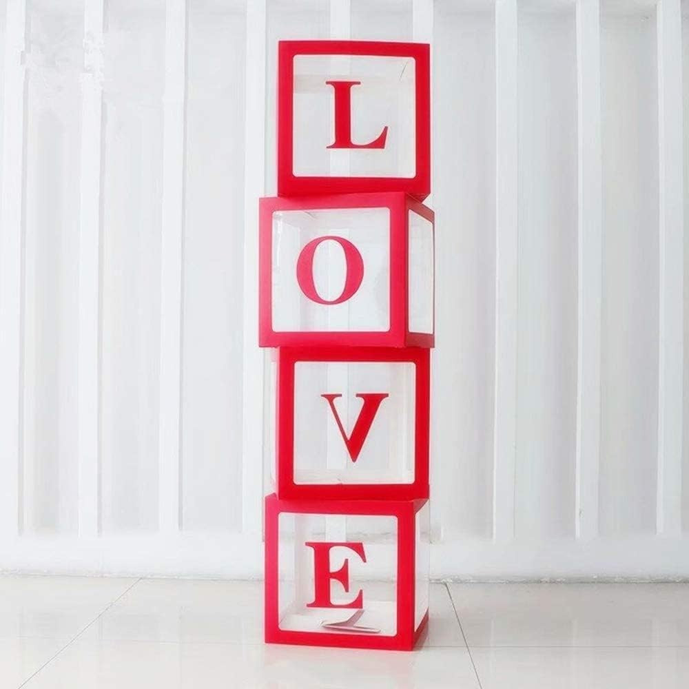 Set 4 Cutii pentru Baloane, Kaveny, Model Scris Love, Tematica Iubire, Cuburi Decorative din Plastic, Accesorii pentru Petrecere, 30x30 cm, Transparente Contur Rosu