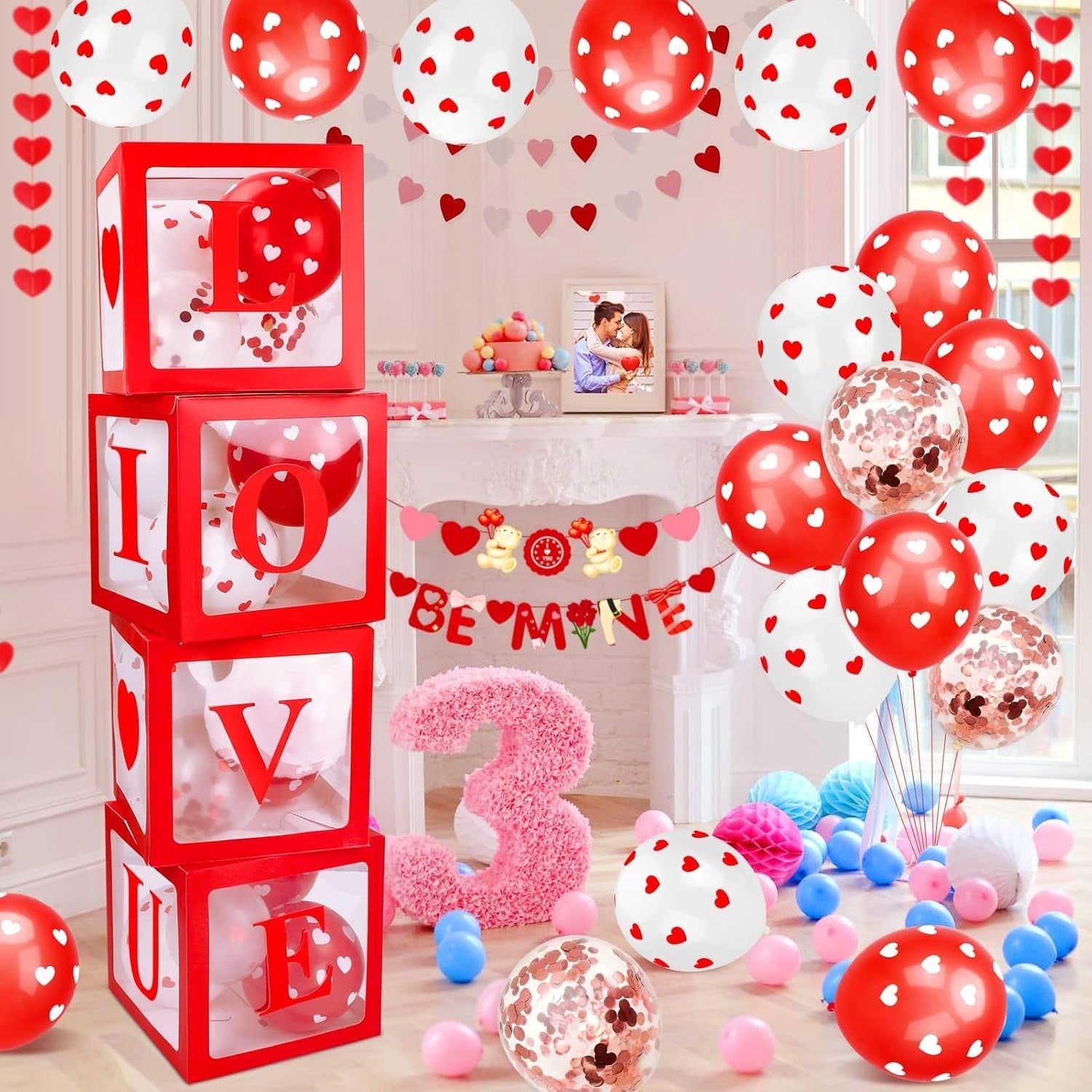 Set 4 Cutii pentru Baloane, Kaveny, Model Scris Love, Tematica Iubire, Cuburi Decorative din Plastic, Accesorii pentru Petrecere, 30x30 cm, Transparente Contur Rosu
