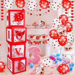 Set 4 Cutii pentru Baloane, Kaveny, Model Scris Love, Tematica Iubire, Cuburi Decorative din Plastic, Accesorii pentru Petrecere, 30x30 cm, Transparente Contur Rosu