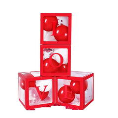 Set 4 Cutii pentru Baloane, Kaveny, Model Scris Love, Tematica Iubire, Cuburi Decorative din Plastic, Accesorii pentru Petrecere, 30x30 cm, Transparente Contur Rosu