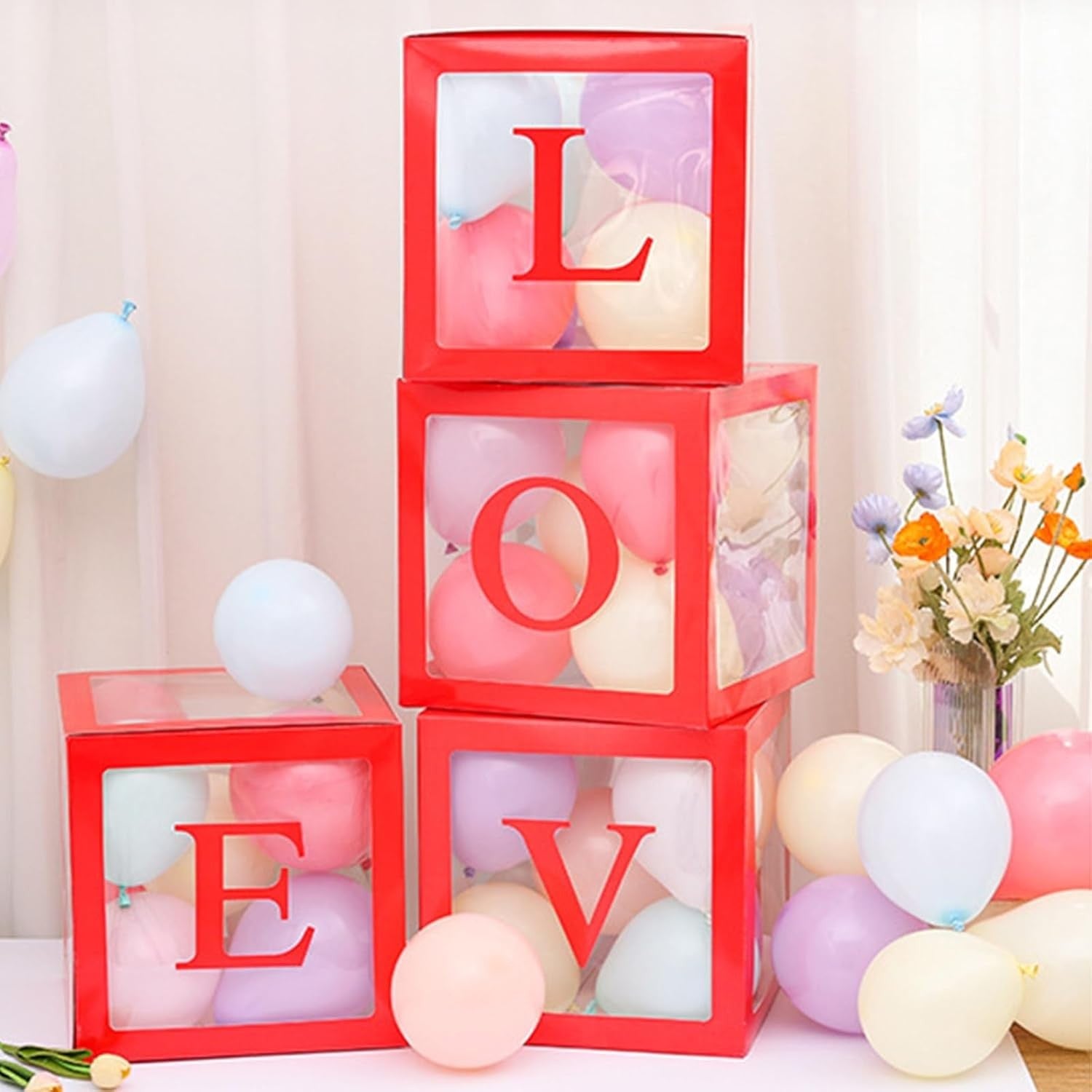 Set 4 Cutii pentru Baloane, Kaveny, Model Scris Love, Tematica Iubire, Cuburi Decorative din Plastic, Accesorii pentru Petrecere, 30x30 cm, Transparente Contur Rosu