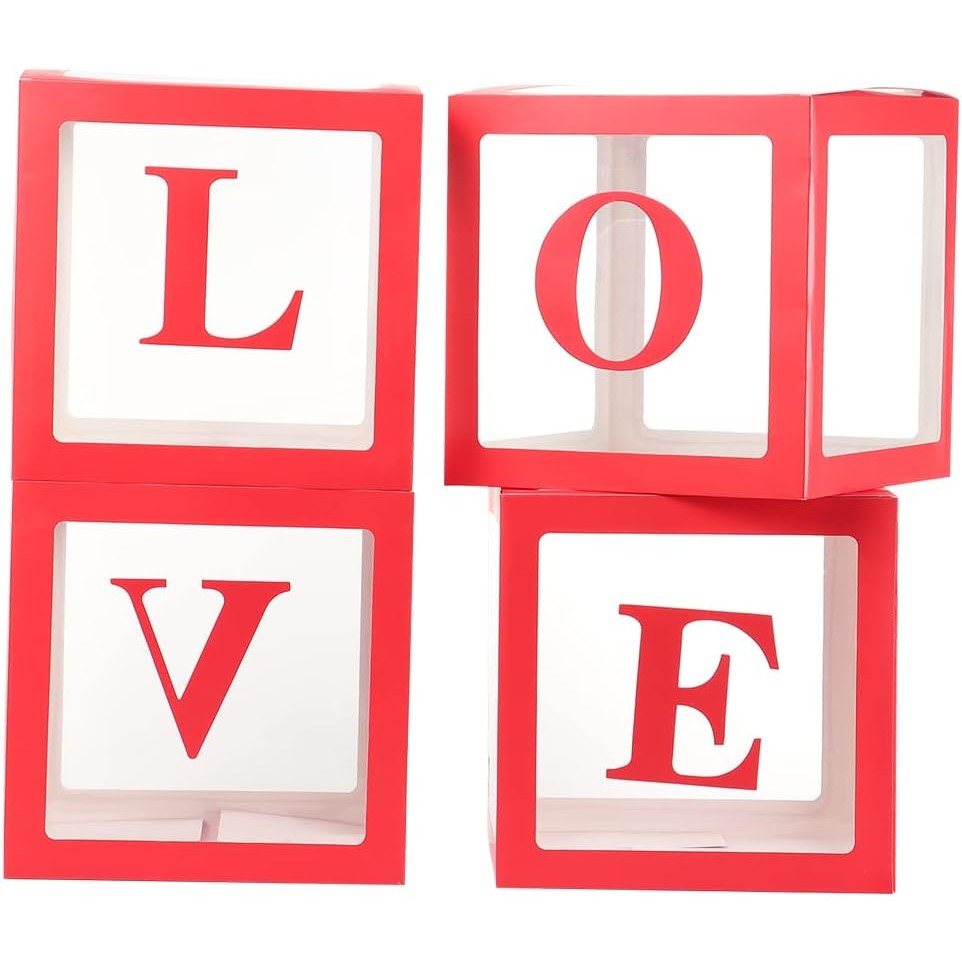 Set 4 Cutii pentru Baloane, Kaveny, Model Scris Love, Tematica Iubire, Cuburi Decorative din Plastic, Accesorii pentru Petrecere, 30x30 cm, Transparente Contur Rosu