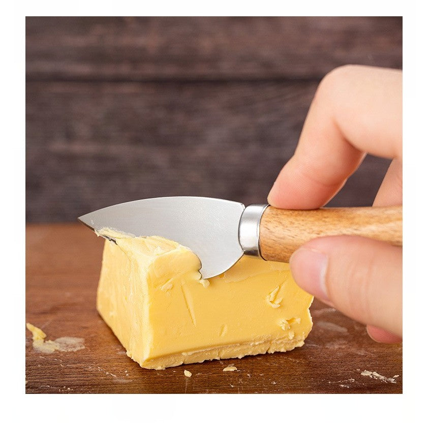 Set 4 cutite pentru branza Kadeny, din otel inoxidabil, maner din lemn de salcam, pentru branza sau unt, 15 x 6.3 x 3 cm, argintiu
