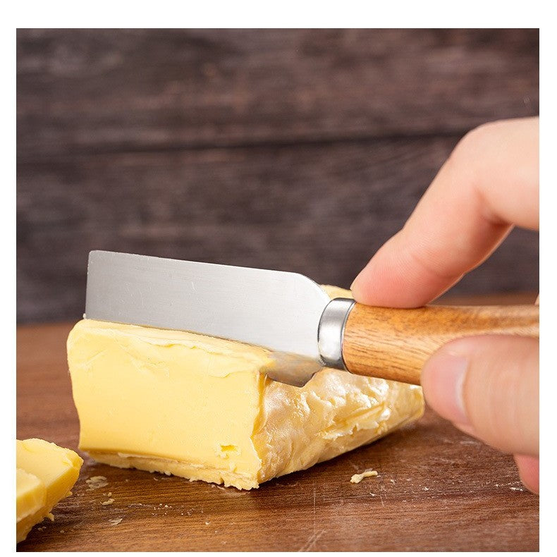 Set 4 cutite pentru branza Kadeny, din otel inoxidabil, maner din lemn de salcam, pentru branza sau unt, 15 x 6.3 x 3 cm, argintiu
