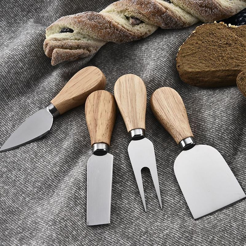 Set 4 cutite pentru branza Kadeny, din otel inoxidabil, maner din lemn de salcam, pentru branza sau unt, 15 x 6.3 x 3 cm, argintiu