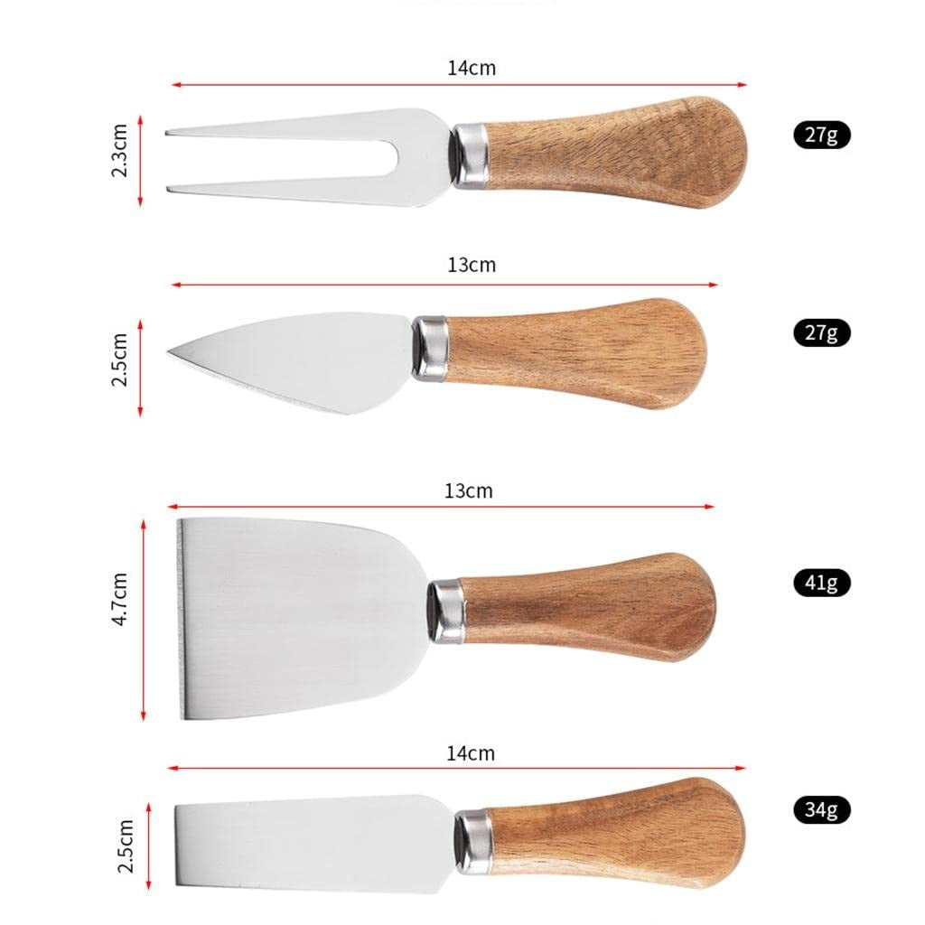 Set 4 cutite pentru branza Kadeny, din otel inoxidabil, maner din lemn de salcam, pentru branza sau unt, 15 x 6.3 x 3 cm, argintiu