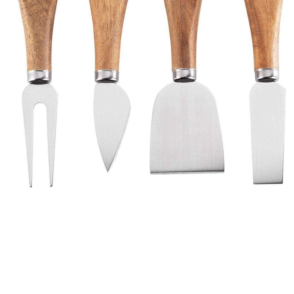 Set 4 cutite pentru branza Kadeny, din otel inoxidabil, maner din lemn de salcam, pentru branza sau unt, 15 x 6.3 x 3 cm, argintiu