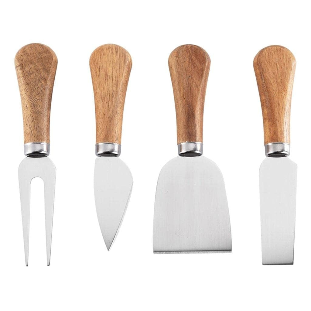 Set 4 cutite pentru branza Kadeny, din otel inoxidabil, maner din lemn de salcam, pentru branza sau unt, 15 x 6.3 x 3 cm, argintiu
