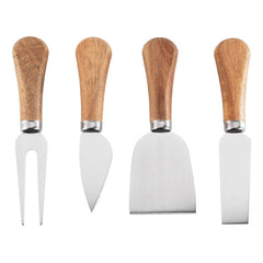 Set 4 cutite pentru branza Kadeny, din otel inoxidabil, maner din lemn de salcam, pentru branza sau unt, 15 x 6.3 x 3 cm, argintiu