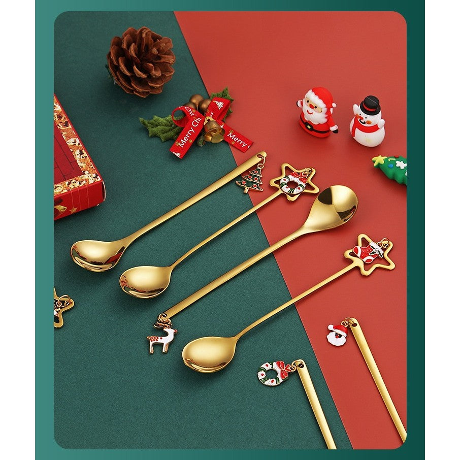 Set 4 Lingurite, Kadeny, Tema Craciun, Model Carry The Merry, 4 Modele Tip Pandantiv cu Steluta, din Otel Inoxidabil, 19 x 16 x 2 cm, Multicolor