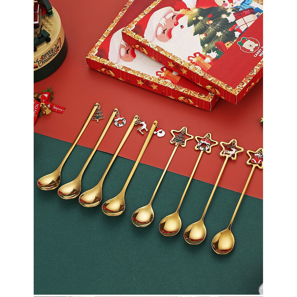 Set 4 Lingurite, Kadeny, Tema Craciun, Model Carry The Merry, 4 Modele Tip Pandantiv cu Steluta, din Otel Inoxidabil, 19 x 16 x 2 cm, Multicolor