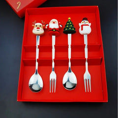 Set 4 Tacamuri, Kadeny, cu Figurine de Craciun, din Otel Inoxidabil, 2 Furculite, 2 Linguri, Cutie Festiva, 13.5 cm, Rosu