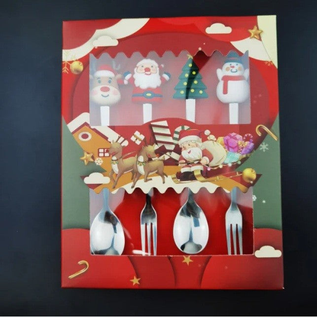 Set 4 Tacamuri, Kadeny, cu Figurine de Craciun, din Otel Inoxidabil, 2 Furculite, 2 Linguri, Cutie Festiva, 13.5 cm, Rosu