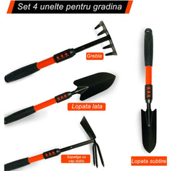 Set 4 Unelte de Gradina Kadeny, Maner extensibil, pentru Plantare Prelucrare Sol si Ingrijire Plante, Material otel carbon, negru