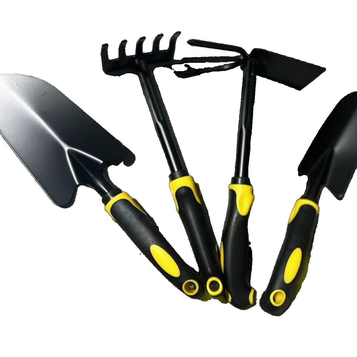 Set 4 Unelte de Gradina Kadeny, pentru Plantare, Prelucrare Sol si Ingrijire Plante, Material PVC Carbon, Grebla, Sapaliga cu Cap Dublu, Lopata Mica, Lopata Lata, 43 x 11 cm, Negru/Galben