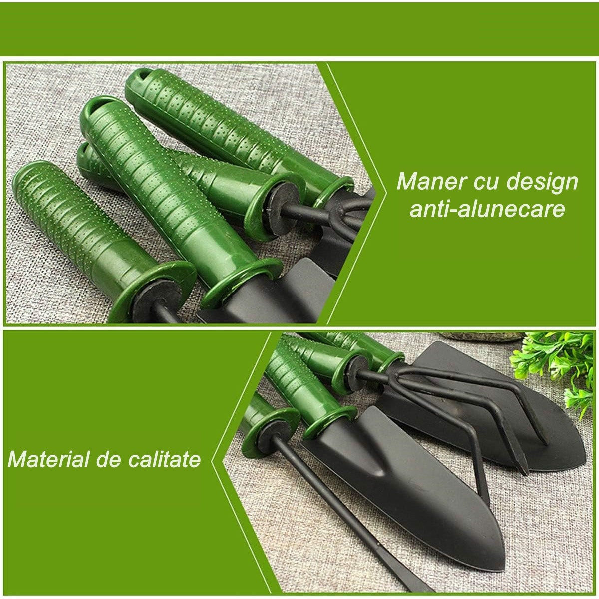Set 4 Unelte de Gradina Kadeny, pentru Plantare Prelucrare Sol si Ingrijire Plante, Material PVC si cardboard, 25 x 8.5 cm, verde