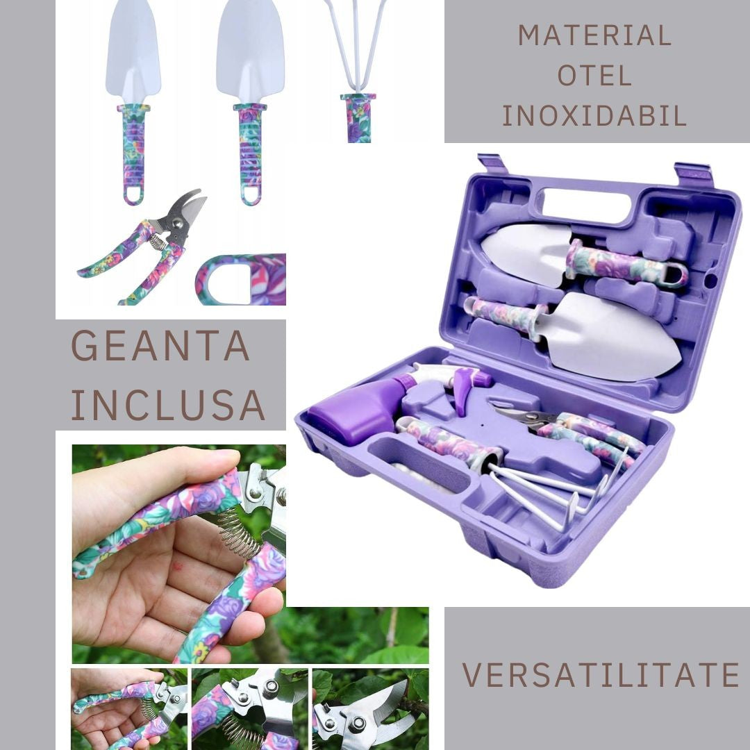 Set 5 accesorii pentru gradinarit Kadeny, geanta depozitare inclusa, otel inoxidabil, 38 x 29 cm, mov