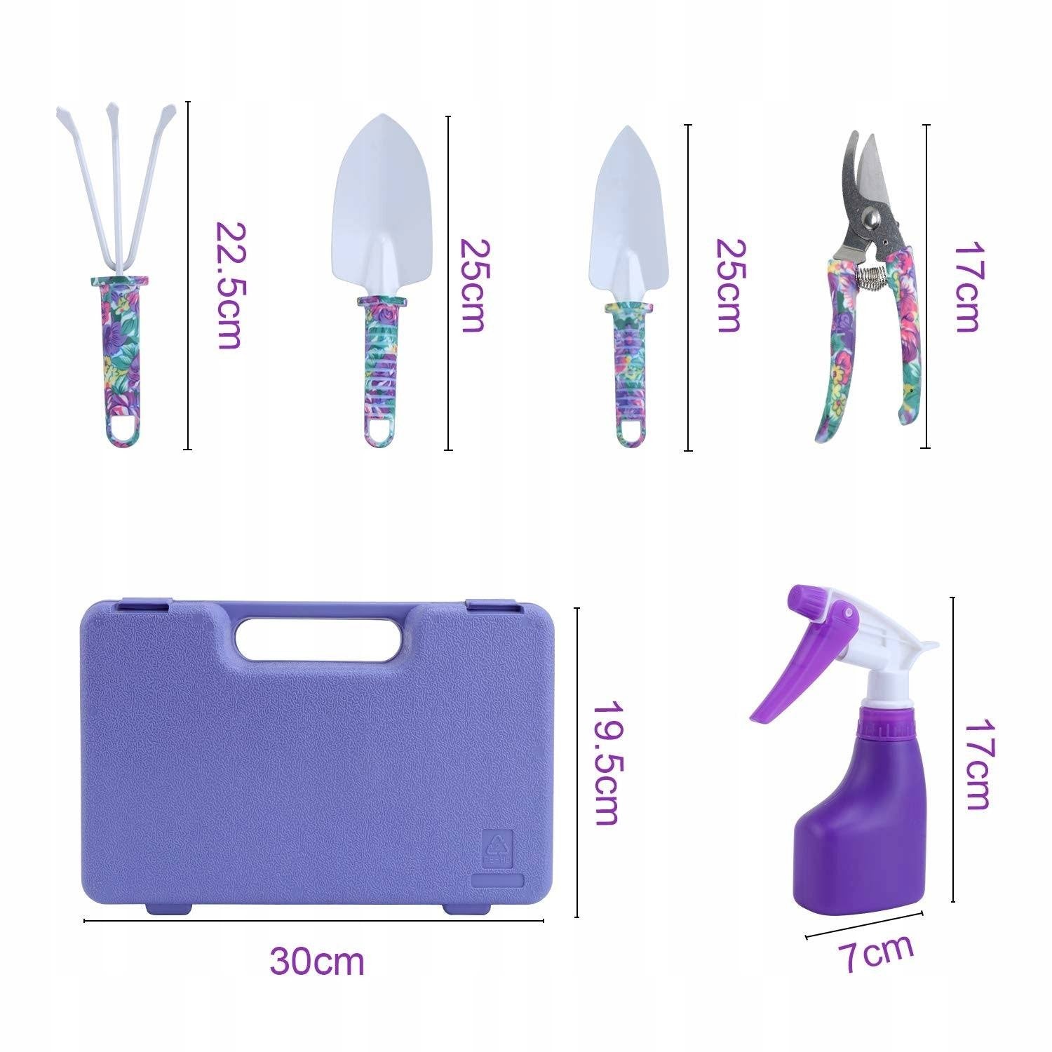 Set 5 accesorii pentru gradinarit Kadeny, geanta depozitare inclusa, otel inoxidabil, 38 x 29 cm, mov