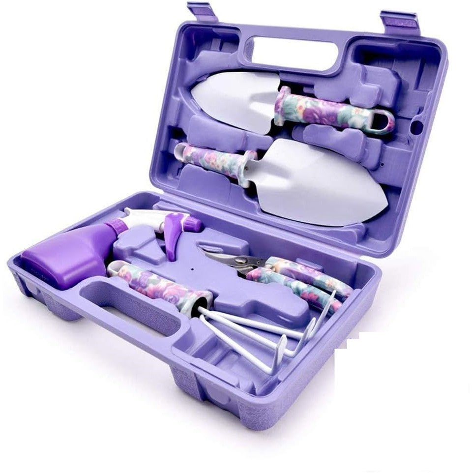 Set 5 accesorii pentru gradinarit Kadeny, geanta depozitare inclusa, otel inoxidabil, 38 x 29 cm, mov