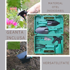 Set 5 accesorii pentru gradinarit Kadeny, geanta depozitare inclusa, otel inoxidabil, 18.5 x 29.5 cm, verde