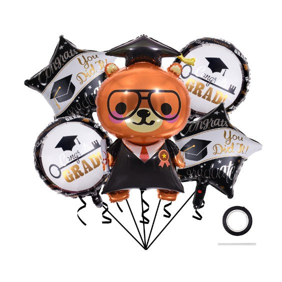 Baloane cu tematica Absolvire, Kaveny, set din 5 baloane, 1 Figurina Ursulet, 2 stele, 2 rotunde, din folie de aluminiu, 70 x 40 cm, Aer si Heliu, Alb Negru