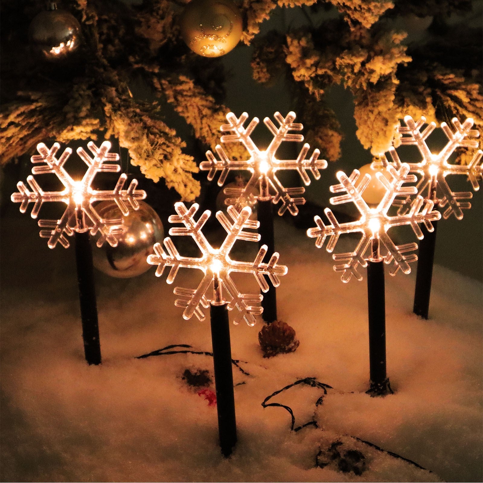 Set 5 Lampi LED cu baterii, de exterior Model Fulg de nea, pentru gradina, Kaveny, 35.5 cm, Alb Cald