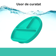 Set 5 piese diversificare bebelusi si copii din silicon Kaveny, baveta, farfurie compartimentata cu ventuza, bol cu ventuza, tacamuri, fara alergeni, verde