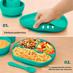 Set 5 piese diversificare bebelusi si copii din silicon Kaveny, baveta, farfurie compartimentata cu ventuza, bol cu ventuza, tacamuri, fara alergeni, verde