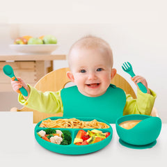 Set 5 piese diversificare bebelusi si copii din silicon Kaveny, baveta, farfurie compartimentata cu ventuza, bol cu ventuza, tacamuri, fara alergeni, verde