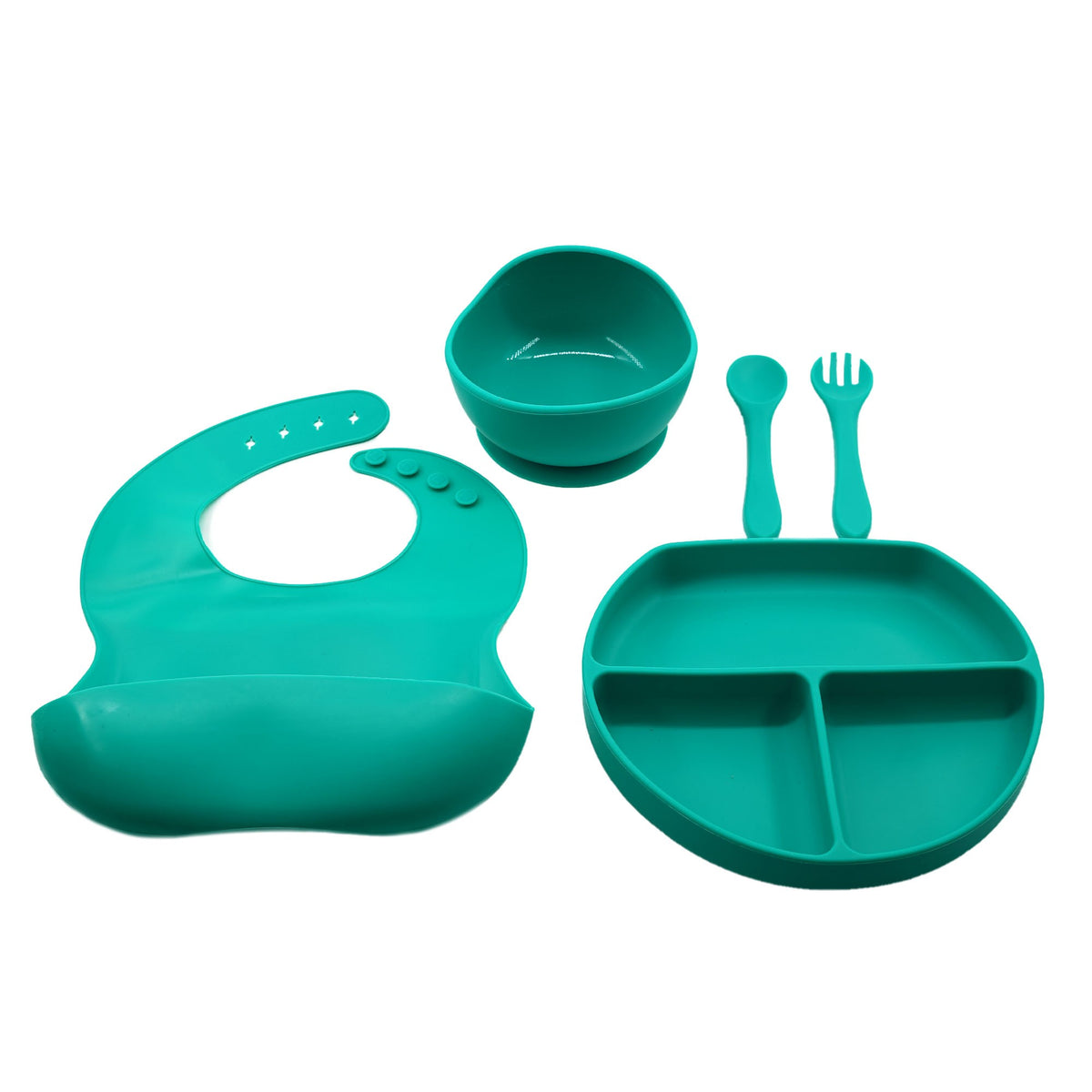 Set 5 piese diversificare bebelusi si copii din silicon Kaveny, baveta, farfurie compartimentata cu ventuza, bol cu ventuza, tacamuri, fara alergeni, verde