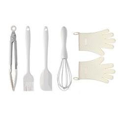 Set 5 Ustensile de Bucatarie, Kadeny, din Silicon+Inox, Termorezistente, Antiaderente, 28 x 26 x 2 cm, Alb Ivory