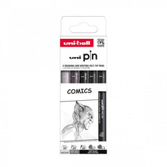 Set 5x Liner UNI PIN-200 ASP019, pe baza de apa, varf 0.7-1.0mm + pensula, negru, gri deschis, gri inchis
