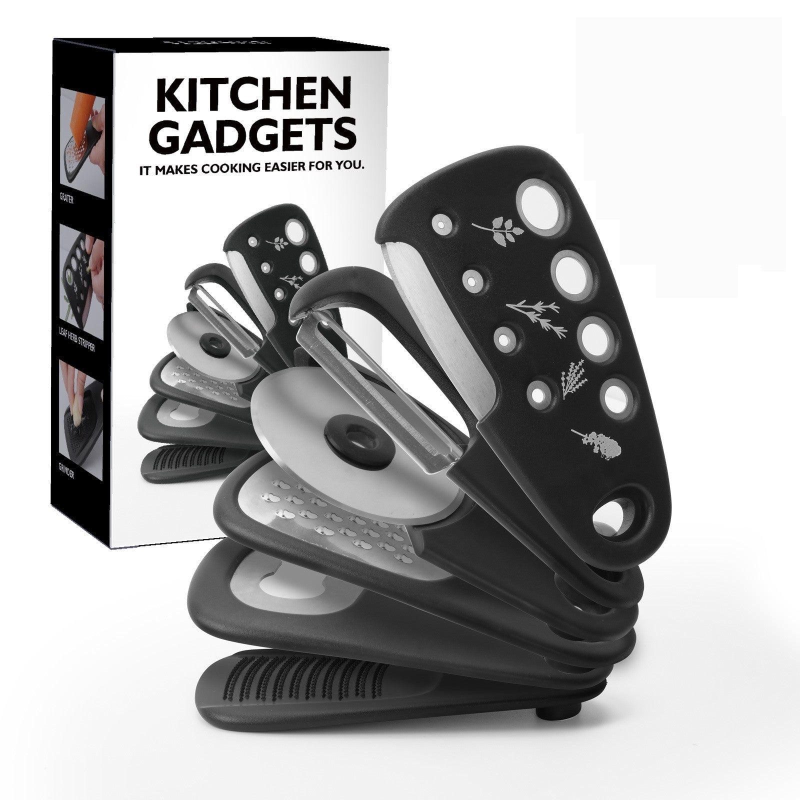 Set 6 in 1 mini ustensile bucatarie Kaveny, taietor pizza, cutit, curatator, razatoare, desfacator, presa usturoi, manere din ABS, lame ascutite din otel inoxidabil, 7.1 x 12.9 x 4.8 cm,  negru