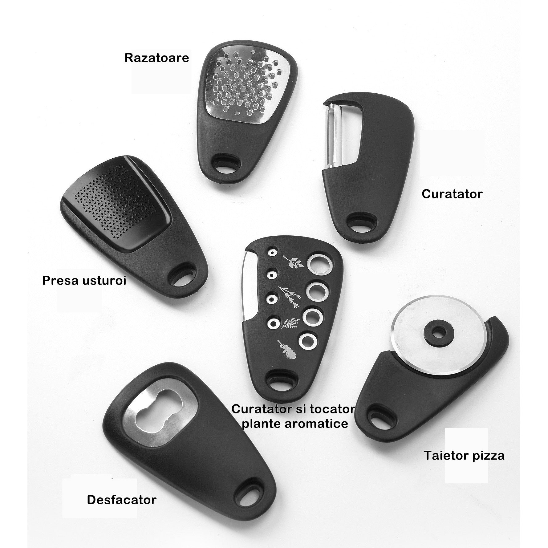 Set 6 in 1 mini ustensile bucatarie Kaveny, taietor pizza, cutit, curatator, razatoare, desfacator, presa usturoi, manere din ABS, lame ascutite din otel inoxidabil, 7.1 x 12.9 x 4.8 cm,  negru