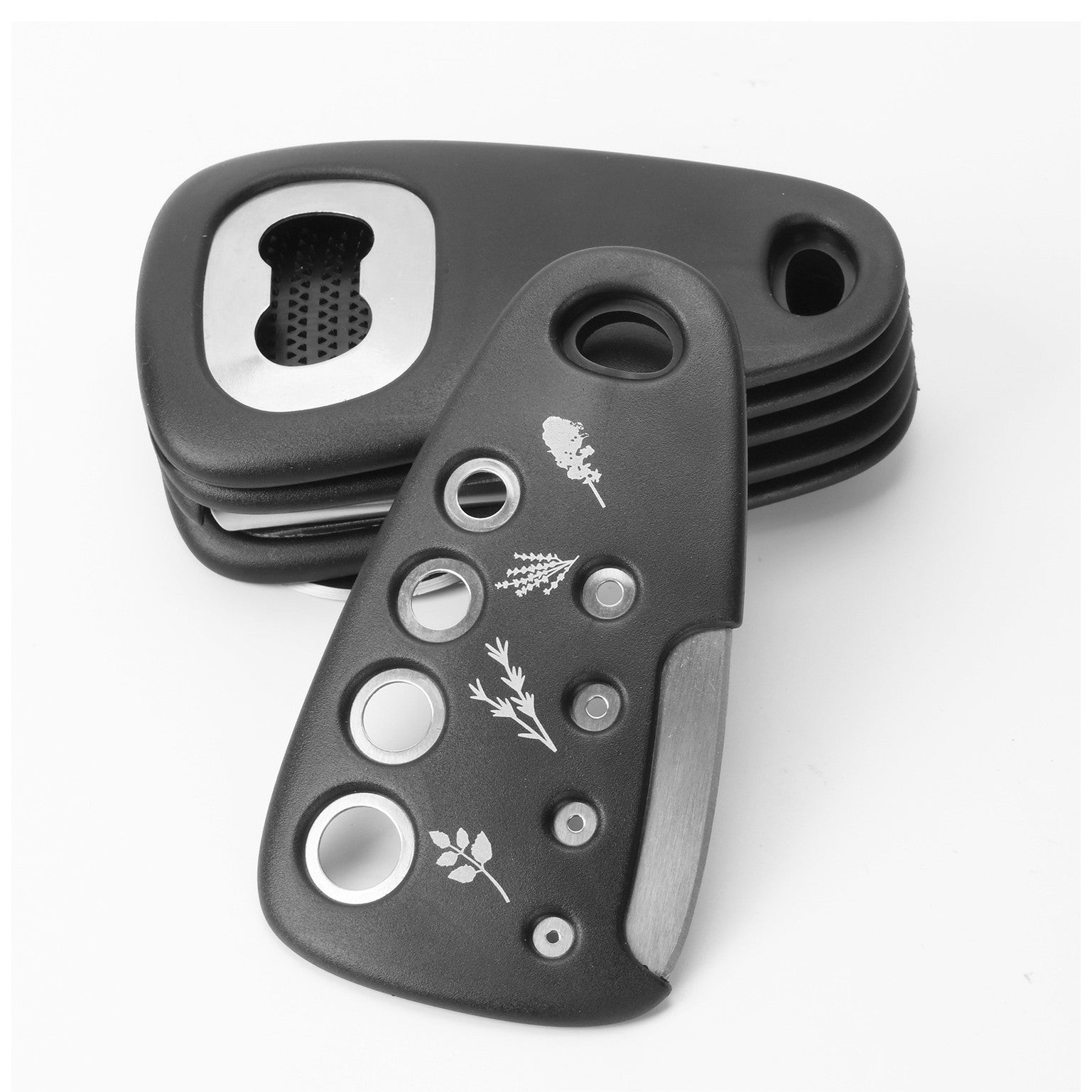 Set 6 in 1 mini ustensile bucatarie Kaveny, taietor pizza, cutit, curatator, razatoare, desfacator, presa usturoi, manere din ABS, lame ascutite din otel inoxidabil, 7.1 x 12.9 x 4.8 cm,  negru